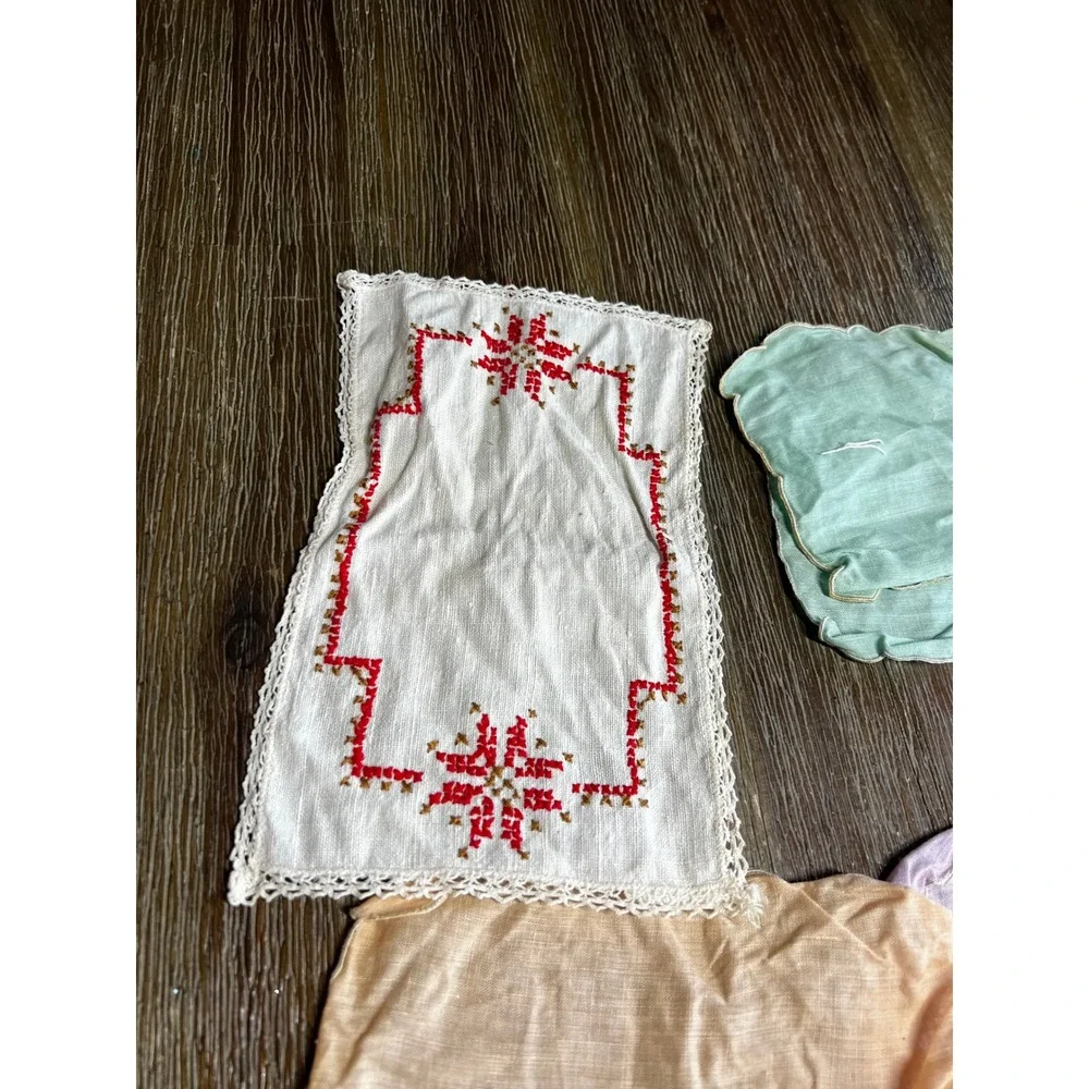 Vintage Linens Assorted Lot Cross Stitch Lace Cocktail Napkins Pastel 10pc